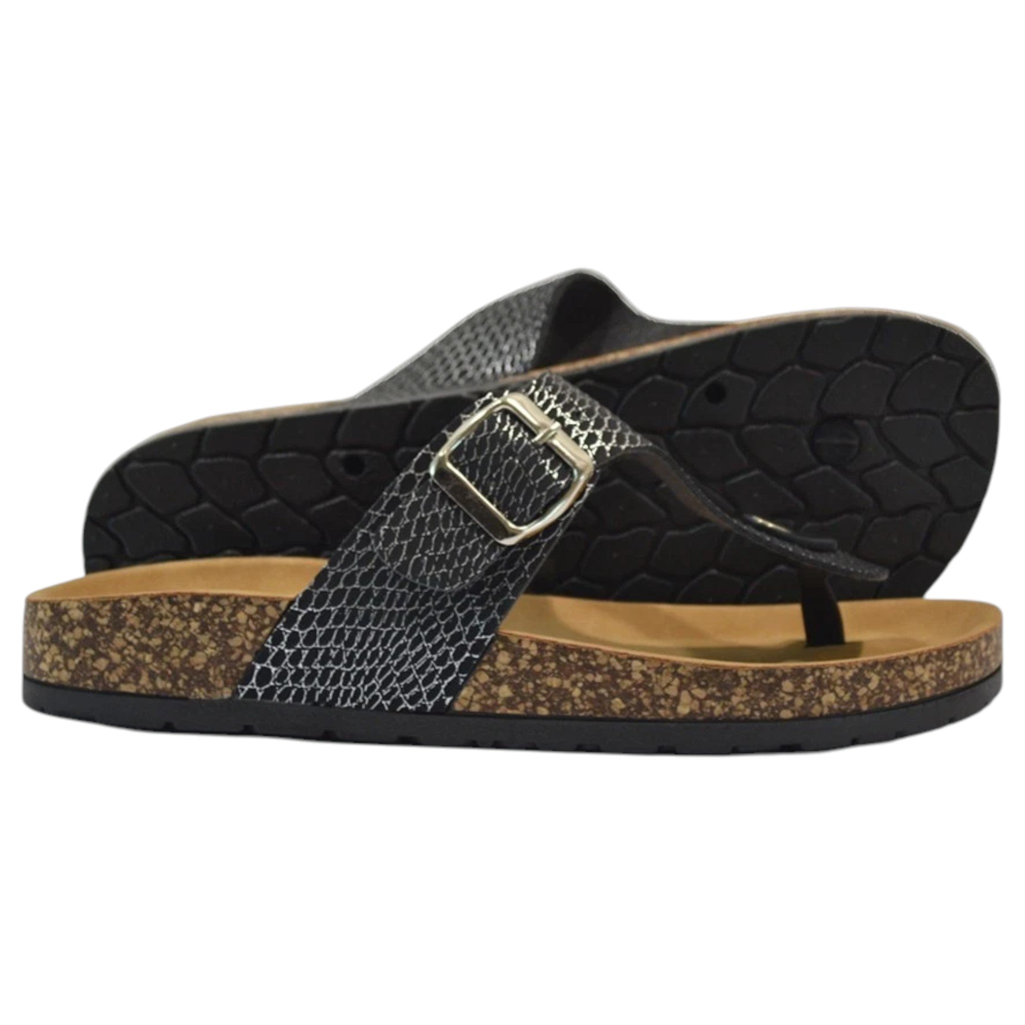 Dunlop ladies slip-on summer sandals with buckle strap and cushioned sole in black